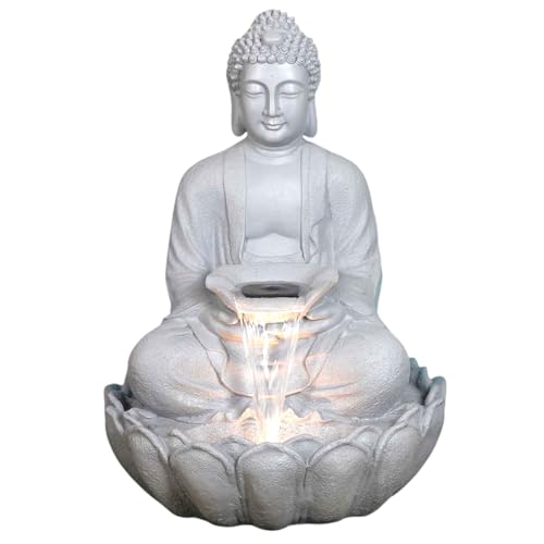 Image of 3 Feet Kamal Buddha Water Fountain for Home & Garden|Fiber Buddha Fountain with LED Light|Indoor Outdoor Fountain for Vastu & Positivity (Grey, 3 Feet Kamal Buddha Fountain)