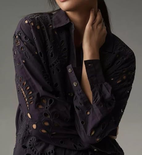 Image of CHARTOU Women Eyelet Lace Dress Button Down Shirt Loose Fit Summer Casual Mini Dress