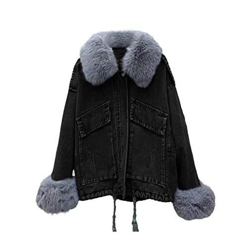 Women Shacket Denim Jacket, Winter Warm Jean Jackets Outwear Faux Fur Collar Long Sleeve Pockets Zip Up Trucker Coats #TOP4