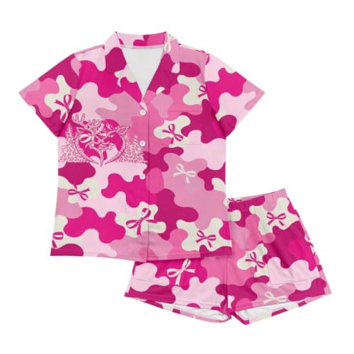 Image of Renewold Button Down Womens Pajama Set Short Sleeve Loungewear Bow Nightwear Sleepwear Night Suit Tops Shorts 2 Pieces