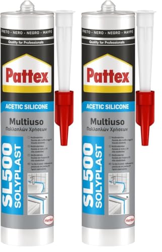 Pattex Sigillante Silicone Acetico Multiuso SL 500, Antimuffa, per Sanitari, Docce, Cucine, Bagni, Piastrelle in Ceramiche, Serramenti, Installazioni Idrauliche, Sigillante Nero, Cartuccia da 300 ml