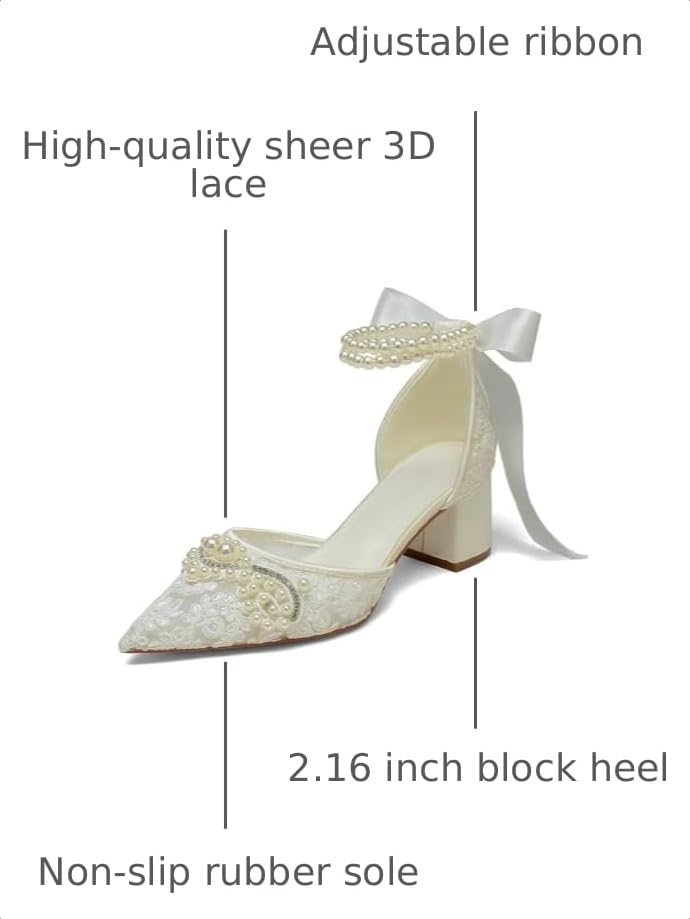 Image of Block Heel Wedding Shoes for Bride Pointed Toe Lace Pearl Bridal Heels