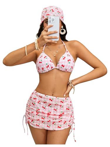 Image of RoseSeek Women's 4 Piece Polka Dots Bathing Suits Cover Up Skirt & Bandana