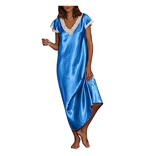 Camisón largo de satén para mujer, elegante, cuello en V, ribete de encaje, camisón de verano liso de manga corta, camisón de seda ligero, transpirable, ajuste holgado, ropa de dormir suave