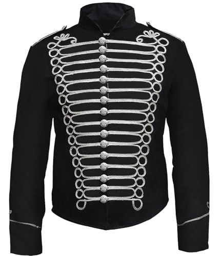 Pamposh Steampunk Hussar Napoleon Military Drummer Parade Jacket (XL, Black & Silver)