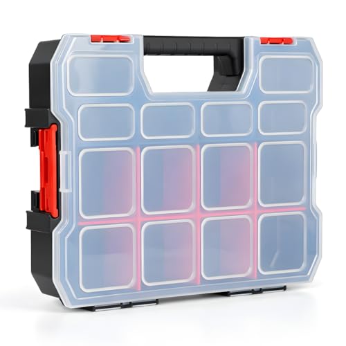 Image of JPT Medium Ultra Heavy Duty Tool Organiser Box | Plastic Storage Case with Transparent Lid, 14 Compartments & 8 Removable Dividers, Locking Latch | Stackable Hardware & Parts Organizer