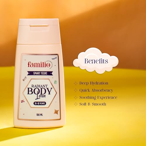 Image of Familio Radiant Body Lotion for kids, teens and adults| Nourishing Body Lotion for winter, dry skin with Natural Oils| Deep Hydration & 24-Hour Moisture Lock | Gentle Skincare for Soft, Smooth, and Glowing Skin | 100 ml