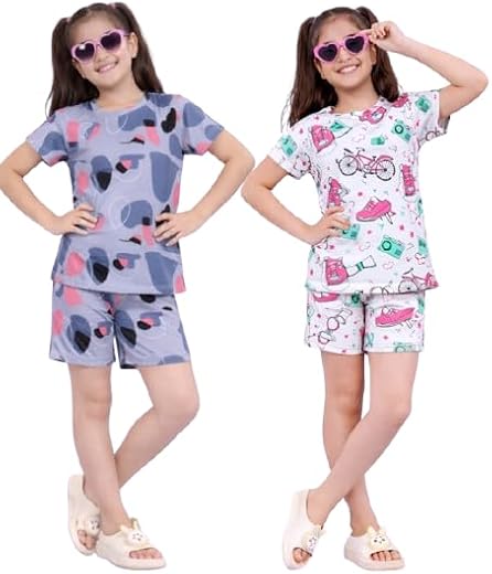 LIKADO FASHION Classic Grey Girls Hosiery Cotton Nightwear Set – Breathable Short Sleeve T-Shirt with Comfortable Shorts