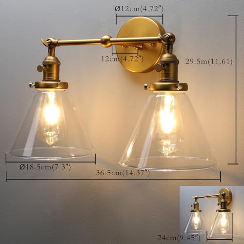 Image of PERMO Double Sconce Vintage Industrial Gold 2-Lights Wall Sconces with Funnel Flared Glass Clear Glass Shade Antique Scocne for Bathroom Living Room Home Office