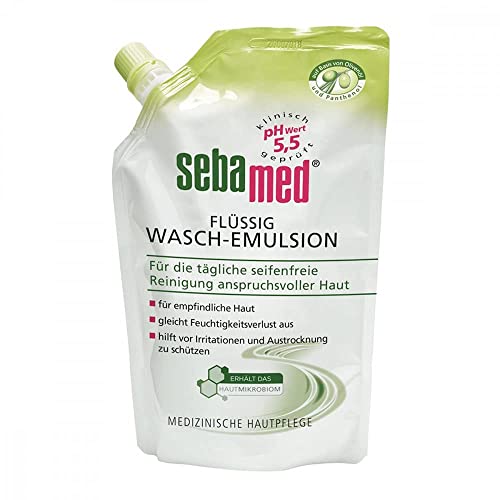 Sebamed Flüssig Wasch-Emulsion Olive Nachfüllbeutel 400 ml, die extra-milde, seifenfreie Reinigungsformel pflegt sensitive Haut und gleicht Feuchtigkeitsverlust aus