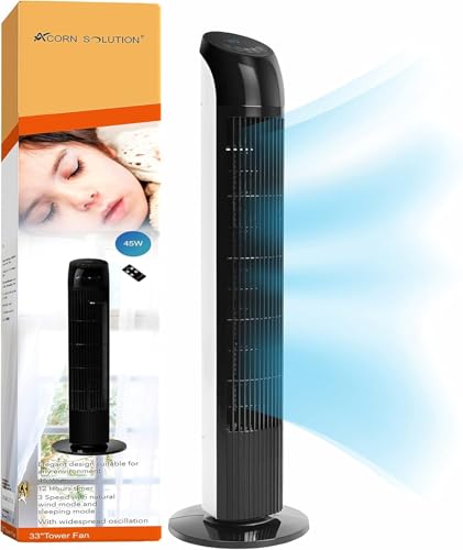 AcornSolution Tower Fan 33-inch Oscillating 1 year warranty, 3 Cooling Fan Speeds with Remote Control, 12-Hour Timer, for Bedroom Living Rooms Office