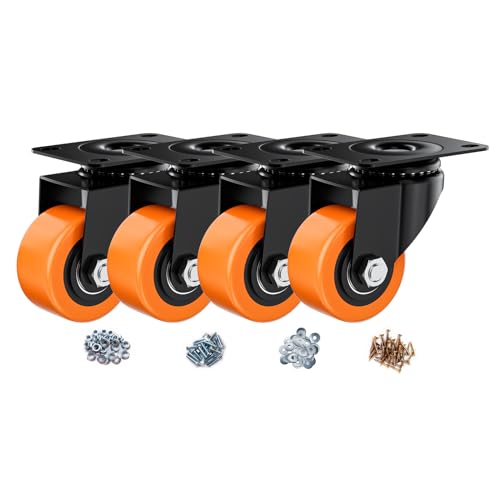 Image of 2.5 Inch Caster Wheels, Casters Set of 4 Heavy Duty, Orange Polyurethane (PU) Casters, Industrial Swivel Top Plate Castor Wheels for Workbench /Furniture /Cart (Pack of 4)