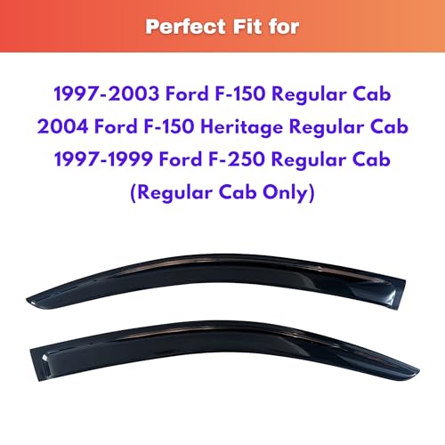Image of KPY Rain Guards Fit for 1997-2003 Ford F150 Regular Cab & 2004 F150 Heritage Regular Cab, Out-Channel Window Visors Vent Wind Deflectors 2PC, 1997-1999 Ford F250 Regular Cab Light Duty (Single Cab)