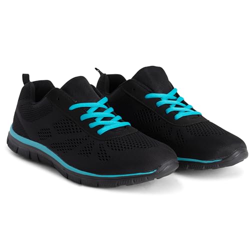 Get Fit Women’s Lightweight Trainers - Breathable Mesh Gym Walking Shoes - Comfortable Lace-Up Fitness Sneakers, Flexible Non-Slip Sole - Black/Turquoise - UK6/EU39