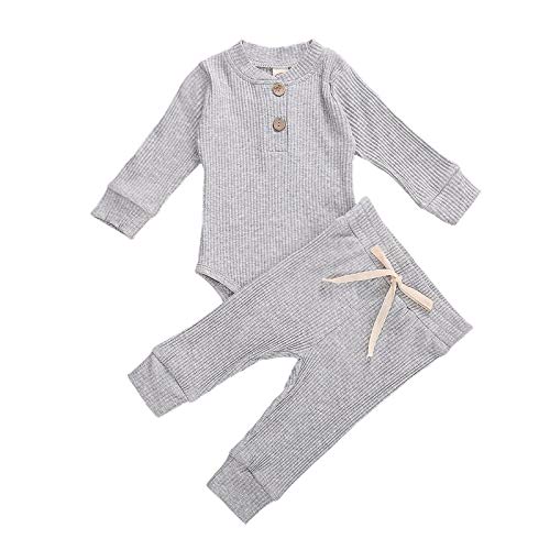 Newborn Infant Baby Girls Ribbed Fall Clothes Solid Long Sleeve Romper Bodysuit Button Tops Elastic Pants Outfits Set (Gray, 3-6 Months)