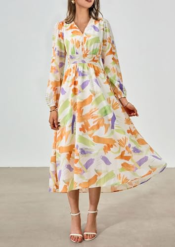 PRETTYGARDEN Women's Floral Midi Dress Casual Fall V Neck Long Sleeve Flowy Spring Beach Wedding Guest Vacation Dresses