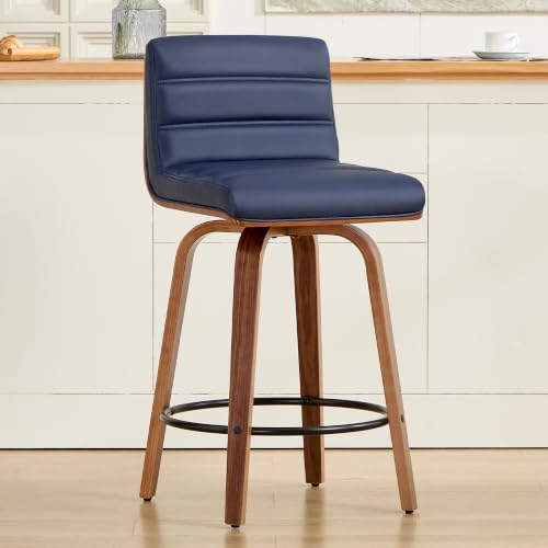 Image of Swivel Bar Stools Set of 1,26 inch Faux Leather Counter Height Barstools with Back,Mid Century Modern Upholstered Bar Chairs with Bentwood Legs Island Stools for Kitchen Counter Darkblue