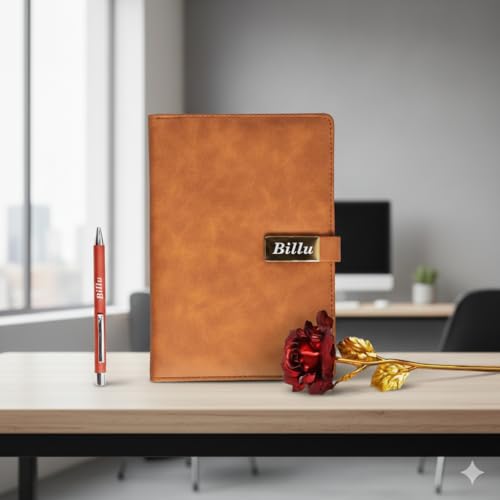 Image of Personalized Diary & Pen Gift Set with Name Engraving | Leather Diary Combo with Decorative Rose | Customizable Gift for Birthday, Anniversary, Valetine & Special Occasions (Brown)