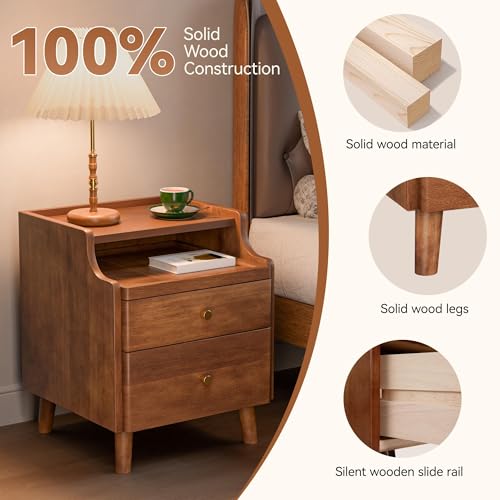 Image of Nightstand with Drawers, Pre-Assembled, 19.7 inch H Natural Solid Wood Night Stand with Open Sliding Shelf, Mid Century Modern Small Bedside Table Cabinet for Bedroom, Walnut, 16 inch
