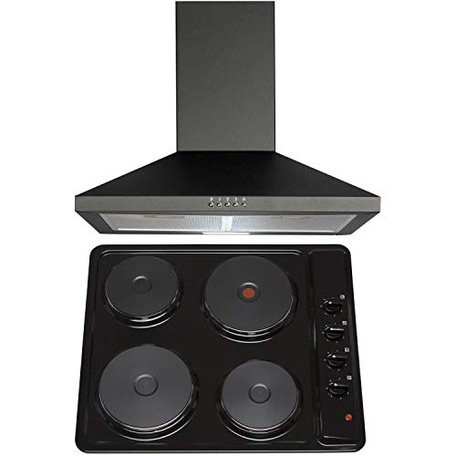 SIA 60cm Black 4 Zone Solid Plate Hob And Chimney Cooker Hood Kitchen Extractor