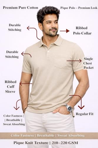 Image of Premium Pique Cotton Pocket Polo T-Shirt for Men | 210-220 GSM | Regular Fit | 2-Button Placket | Soft Breathable Fabric | XS-3XL