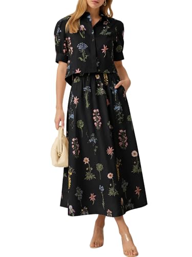 Tankaneo Womens Floral 2 Piece Skirt Set Summer Puff Sleeve Crop Blouse and Maxi Dress Outfits Matching Vacation Outfits Black