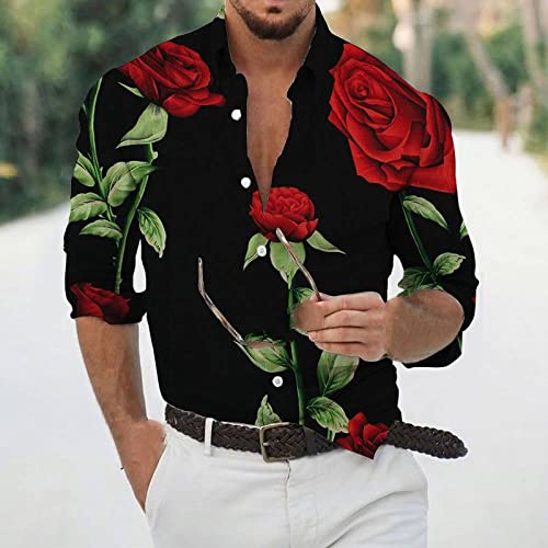 VISIONO Freizeithemden Herrenhemden,Herren Blumenhemd Button-Down-Hemden DREI Rote Rosen Muster Schwarz Herren Romantisches Lockeres Langarmhemd Gelten Für Hochzeitsfeier, Abschlussball, Konzert, XL