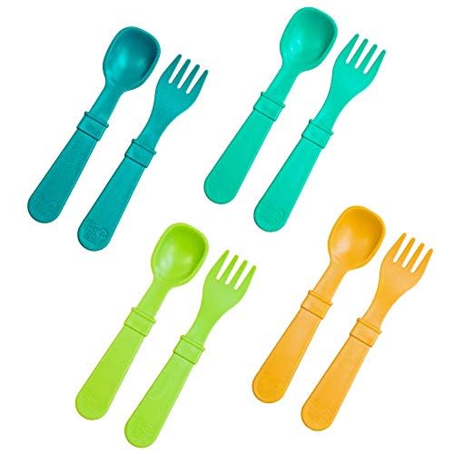 Re-Play Toddler Forks and Spoons Set - 4x4 Utensils Set for Kids - Dishwasher and Microwave Safe - Made in USA - Set of 8-5.8' x 1.2' x 0.2' - Aqua...