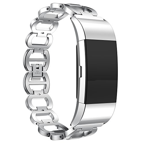 ANCOOL Compatilbe with Fitbit Charge 2 Bands Premium Stainless Steel Metal Replacement Watch Band for Charge 2 Smart Fitness Watch, Silver