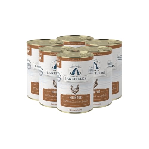 Lakefields Premium Hundefutter Nass | Huhn pur 100% | 6 x 400g | Reines Muskelfleisch | Hühnerfleisch aus Freilandhaltung vom Bodensee | Getreidefreies Nassfutter für Hunde | Regional & Naturbelassen
