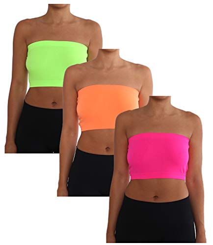 Aeko Women's Combo Pack One Size Strapless Base Bra Layer Bandeau Seamless Tube Top Regular And Plus Sizes (Plus 10-16, Neon Green-Neon Orange-Neon Pink) #TOP14