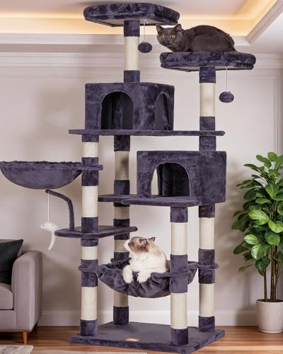 Image of Heybly Cat Tree, 70 inches Tall Cat Tower for Indoor Large Cats HCT032G | Big Cat Condo with Toy , Cat House Furniture with Padded Plush Perch, Cozy Hammock and Sisal Scratching Posts, Smoky Gray