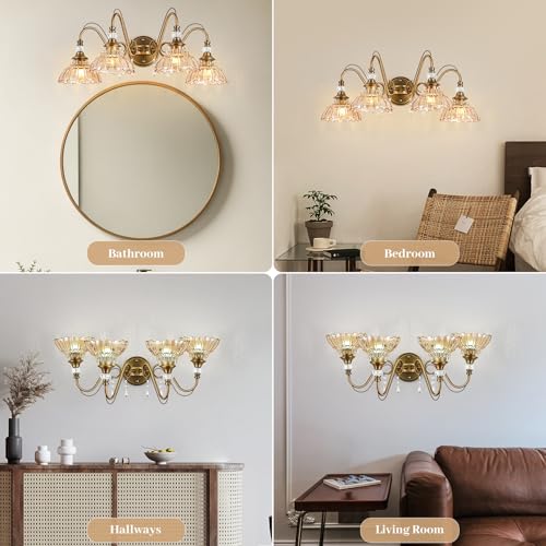 Image of Vintage Bathroom Vanity Light, 4-Light Matte Antique Brass Finish Wall Sconce with Hanging Crystal Accents and Flower-Shaped Amber Glass Shades, Retro Wall Mount Vanity Light Over Mirror for Bathroom