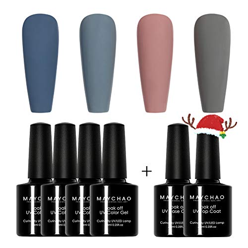 Matte Gel Nail Polish Set 4 Colors, MAYCHAO Soak Off Base Coat Top Coat 6 Bottle Gel Polish Set, 7.3ml Each Bottle (MCA045)