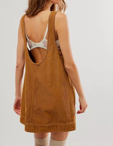 Image of Hooever Women's Corduroy Overall Dress Round Neck A Line Skirtall Jumper Mini Dress Pinafore with Pockets