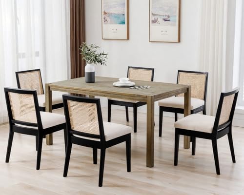 HNY Farmhouse Rattan Dining Chairs Set of 6, Mid Century Modern Kitchen & Dining Room Chairs, Cane Upholstered Kitchen Side Chair with Black Hardwood Frame, Beige
