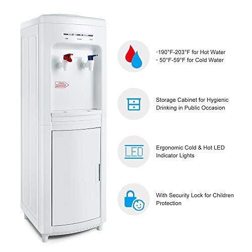 White Modern Top Loading Water Cooler Dispenser hot and cold water spouts with storage cabinet