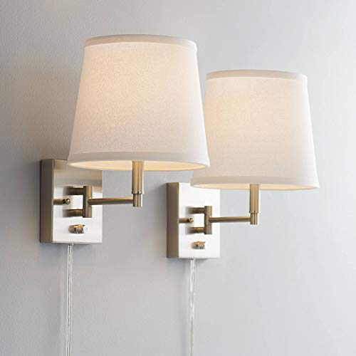 One-Day Sale: Up to 60% Off Lanett Modern Swing Arm Wall Lamps Set of 2 Brushed Nickel Plug-in Light Fixture Dimmable White Empire Shade for Bedroom Bedside House Reading Living Room Home Hallway Dining - 360 Lighting