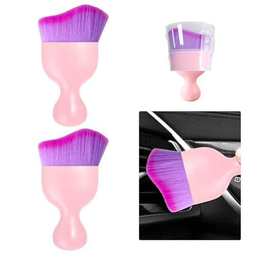 Ziciner 2 PCS Car Detailing Brush, Curved Soft Bristles Auto Removal Dust Collectors, Universal Vehicle Dashboard, Air Conditioner Vents etc Interior Cleaning Tool Accessory (Pink/Purple)