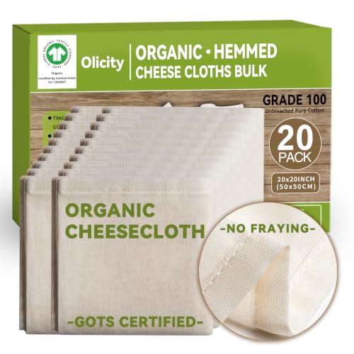 Image of Organic Cheesecloth Bulk, GOTS Certified,20Pack,Grade 100,20x20Inch Hemmed Cheese Cloth Fabric Reusable Fine Mesh Cloth,100% Cotton Unbleached Muslin Bulk Cheesecloth Roll for Straining,Cooking,Cheese