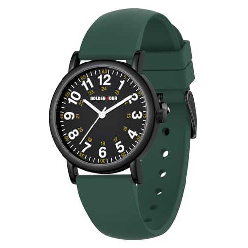 GOLDEN HOUR Waterproof Nurse Watch for Medical Professionals, Students Women Men - Military Time Luminouse Easy Read Dial, 24 Hour with Second Hand, Colorful Silicone Band Deep Green