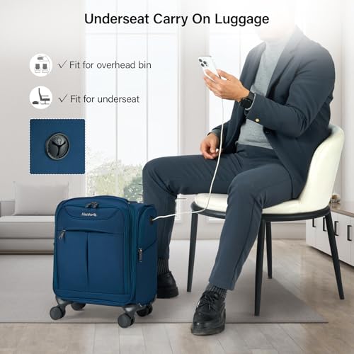 Image of Hanke 45CM Small Soft Shell Cabin Trolley Bags, 8 Silent Spinner Wheels,Charging Port, 8 Storage Compartments, Lightweight Compact Carry-On Luggage for Short Trips & Overnight Use,Blue