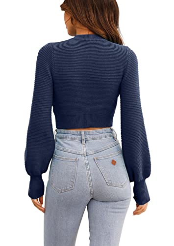 Image of Womens Sexy Crew Neck Cropped Sweaters Knit Long Sleeve Crop Tops Pullover | Ribbed Knit, Long Sleeve, Crop Tops, Pullover,Crew Neck