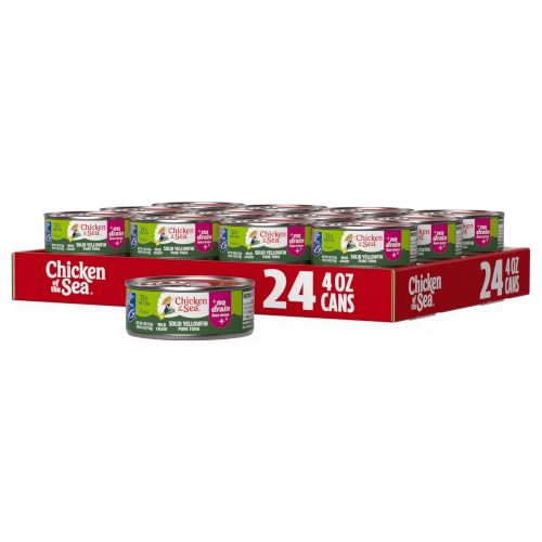 Chicken of the Sea Solid Yellowfin Pure Tuna, 4 oz. Cans (Pack of 24), Wild Caught Canned Tuna, No Drain
