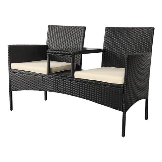 Panana Rattan Loveseat Patio Love Seat 2 Seater Bench with Beige Cushions, Built-In Centre Glass Table Wicker Garden Furniture for Outdoor Balcony Poolside Bistro