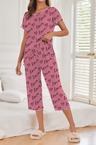 Image of Ekouaer Women's Capri Pajama Sets Print Short Sleeve Sleepwear Top and Capri Pants Soft Loungewear with Pocket