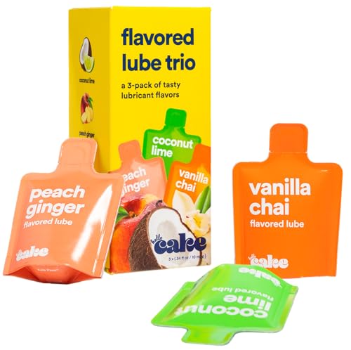 Hello Cake Flavored Lube Trio Sample Pack, Water-Based Flavored Personal Lubricants - Includes Peach Ginger, Vanilla Chai, and Coconut Lime – Made Without Added Sugar & No Aftertaste, 0.34 fl oz Each