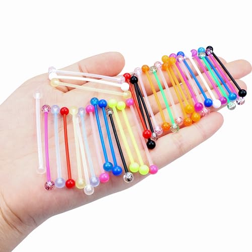 Dyknasz 36PCS Plastic Industrial Piercing Jewelry 14G Industrial Bar Piercing Acrylic Glow in the Dark Industrial Earrings for Women Men Piercing Bar 38mm4