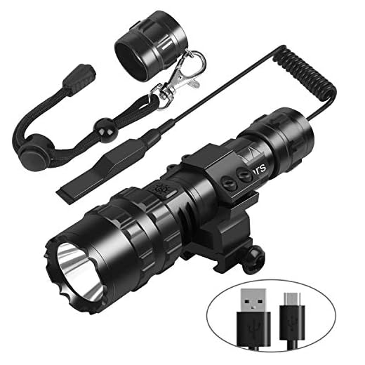 Weitars Tactical LED Flashlight with Picatinny Rail Mount and Tactile Pressure Switch for Outdoor Hunting Fishing,High Lumen Torch Flashlight USB Rechargeable,Waterproof 5 Modes Light