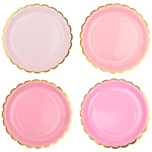 AimFun Pink Scalloped Party Plates Gold Foil Border Paper Plates Disposable 9inch Gradient Serving Plates for Birthday Wedding Bridal Baby Shower Party Supplies (24, Pink)